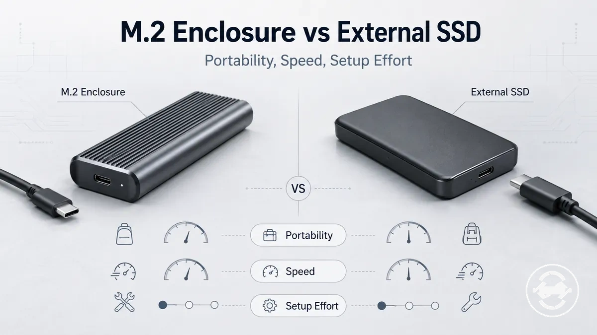 M.2 SSD enclosure and external SSD compared for portability, speed, and setup effort