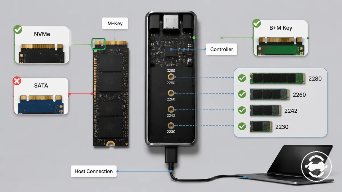 Condiciones de compatibilidad de carcasas para SSD M.2 anotadas que muestran el tipo de clave y la longitud de unidad compatible