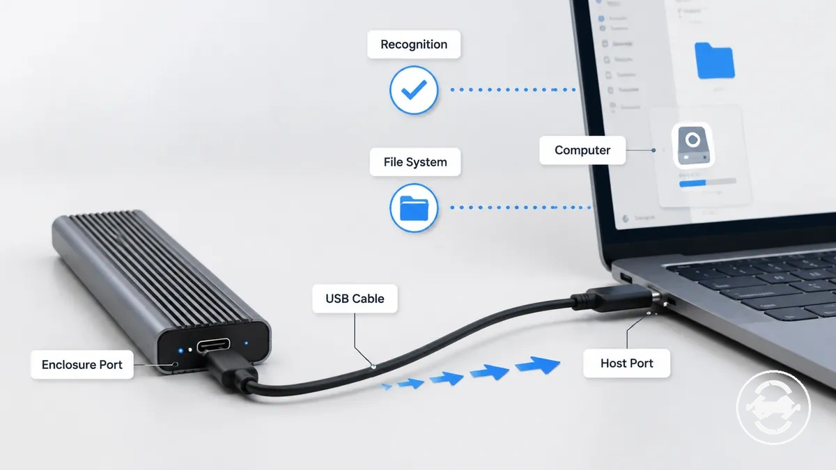 Carcasa para SSD M.2 conectada a un ordenador con cable USB y puertos etiquetados