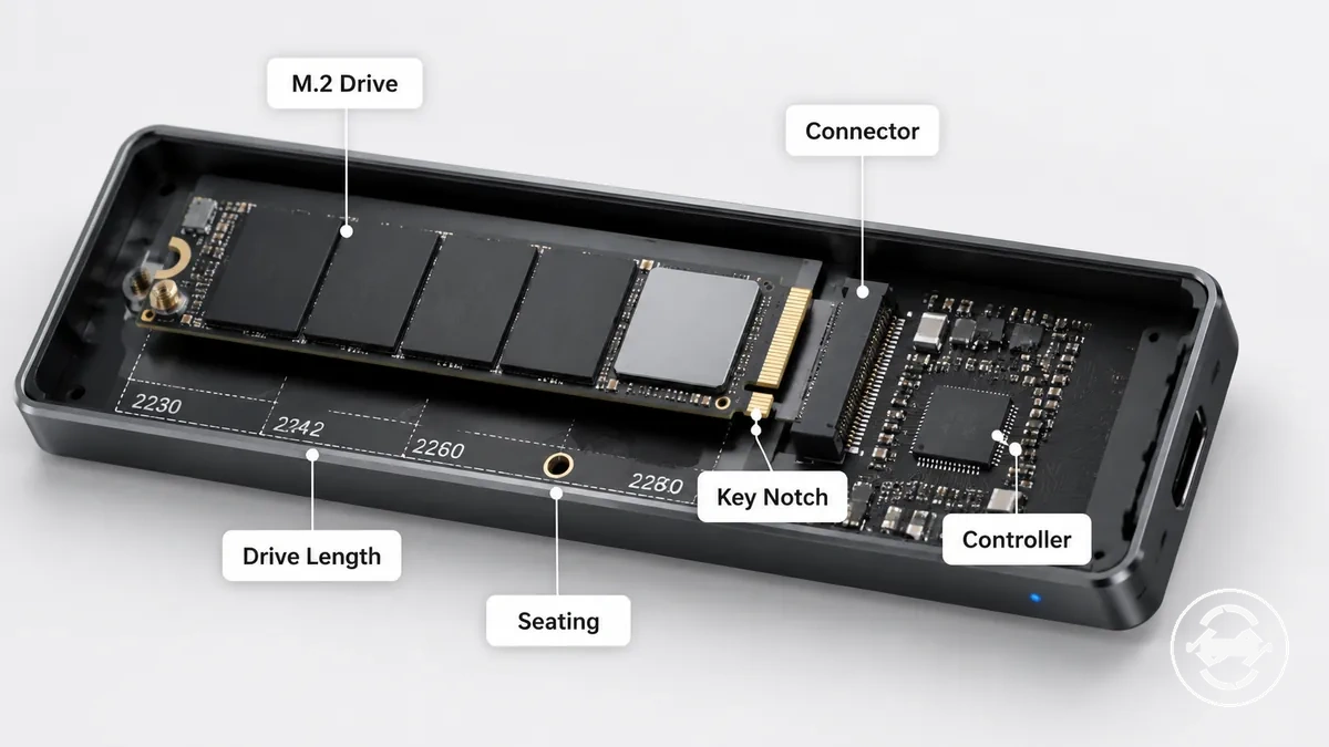 Conexión anotada de SSD M.2 dentro de una carcasa que muestra el conector y la muesca de la llave