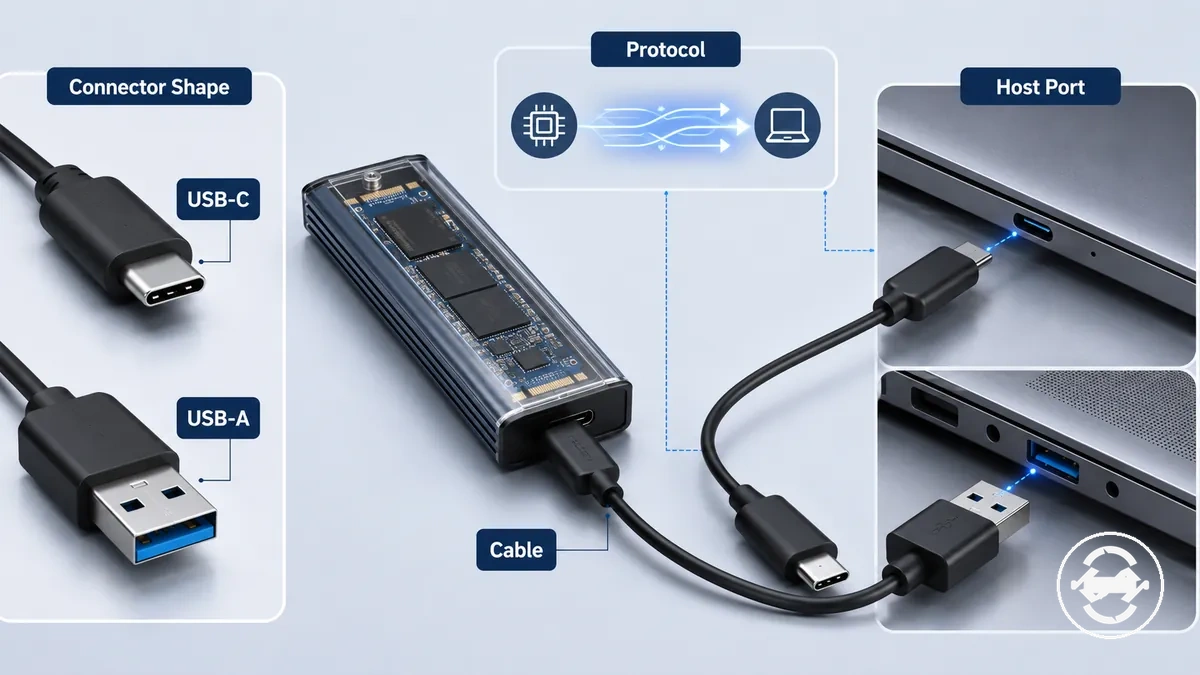 Formas de conector USB-C y USB-A comparadas con etiquetas de estándar de conexión USB y Thunderbolt