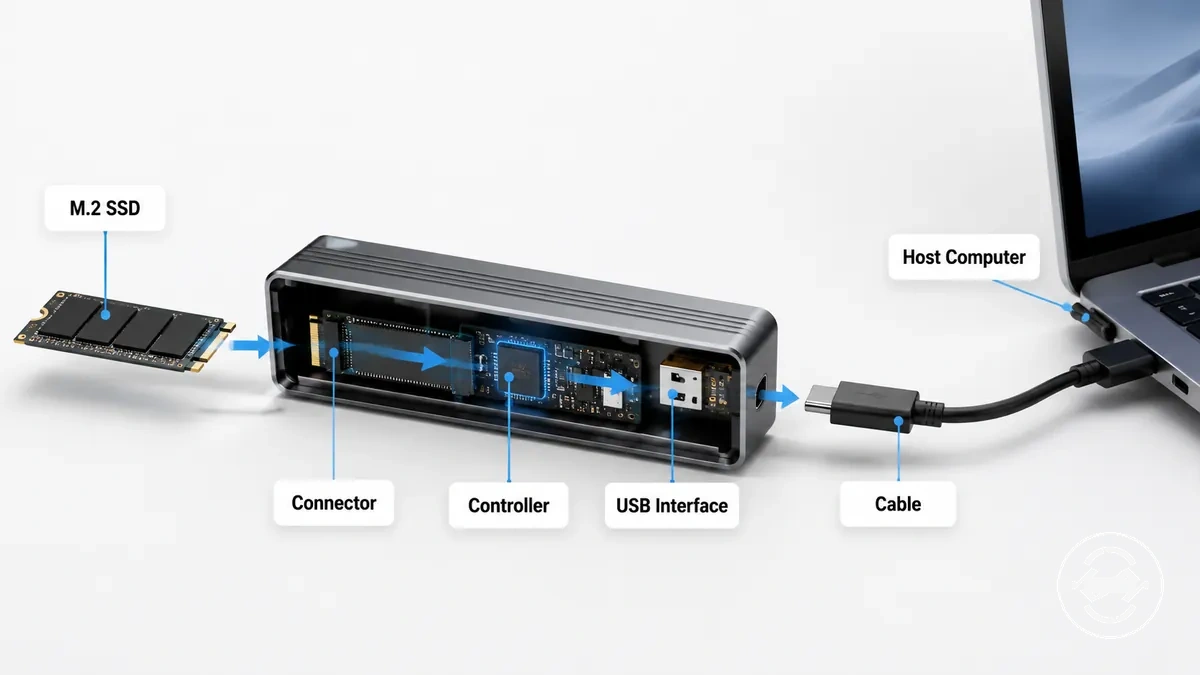 Diagrama que muestra cómo una carcasa para SSD M.2 conecta un SSD interno a un ordenador