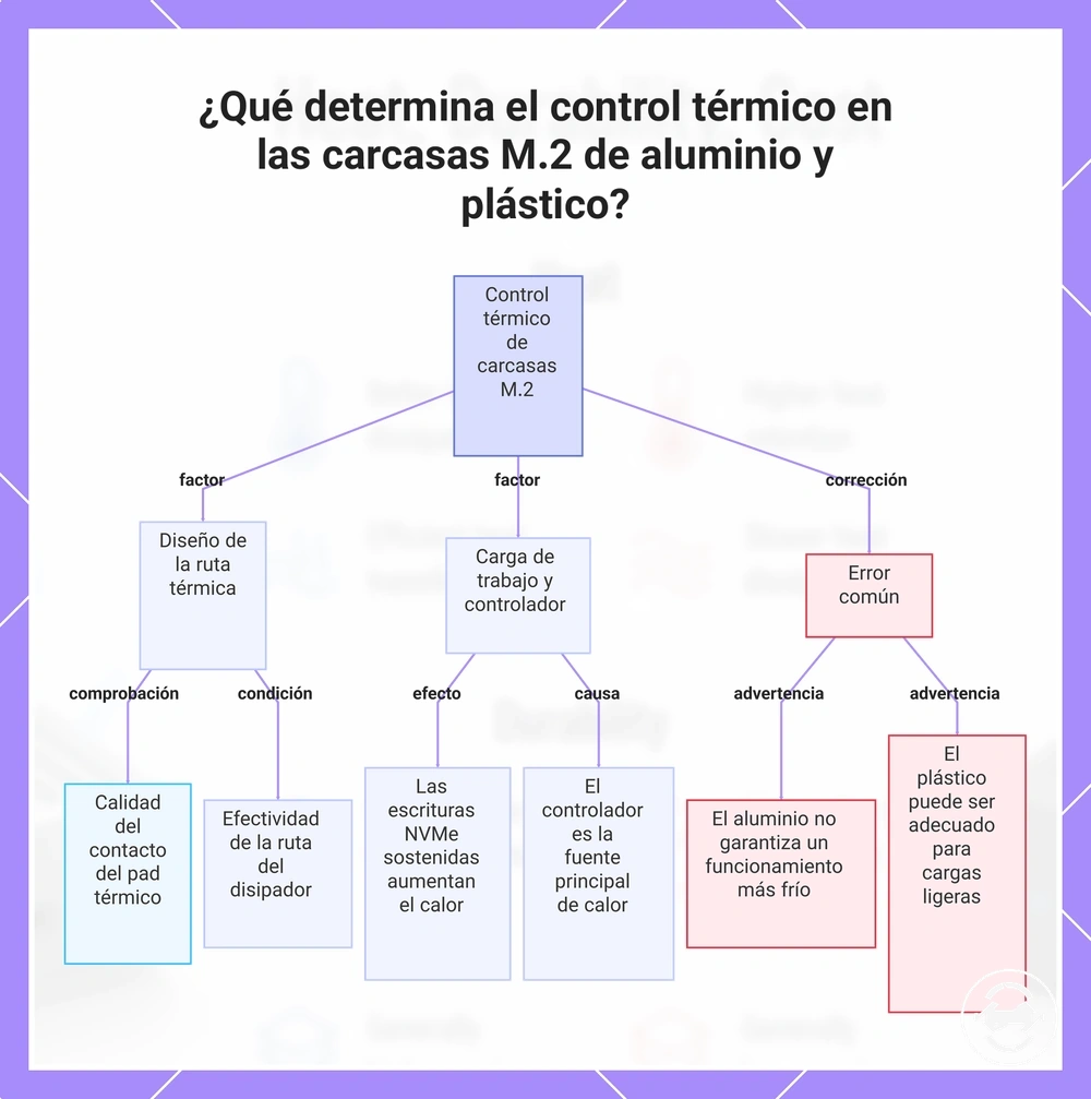 ¿Qué determina el control térmico en las carcasas M.2 de aluminio y plástico?