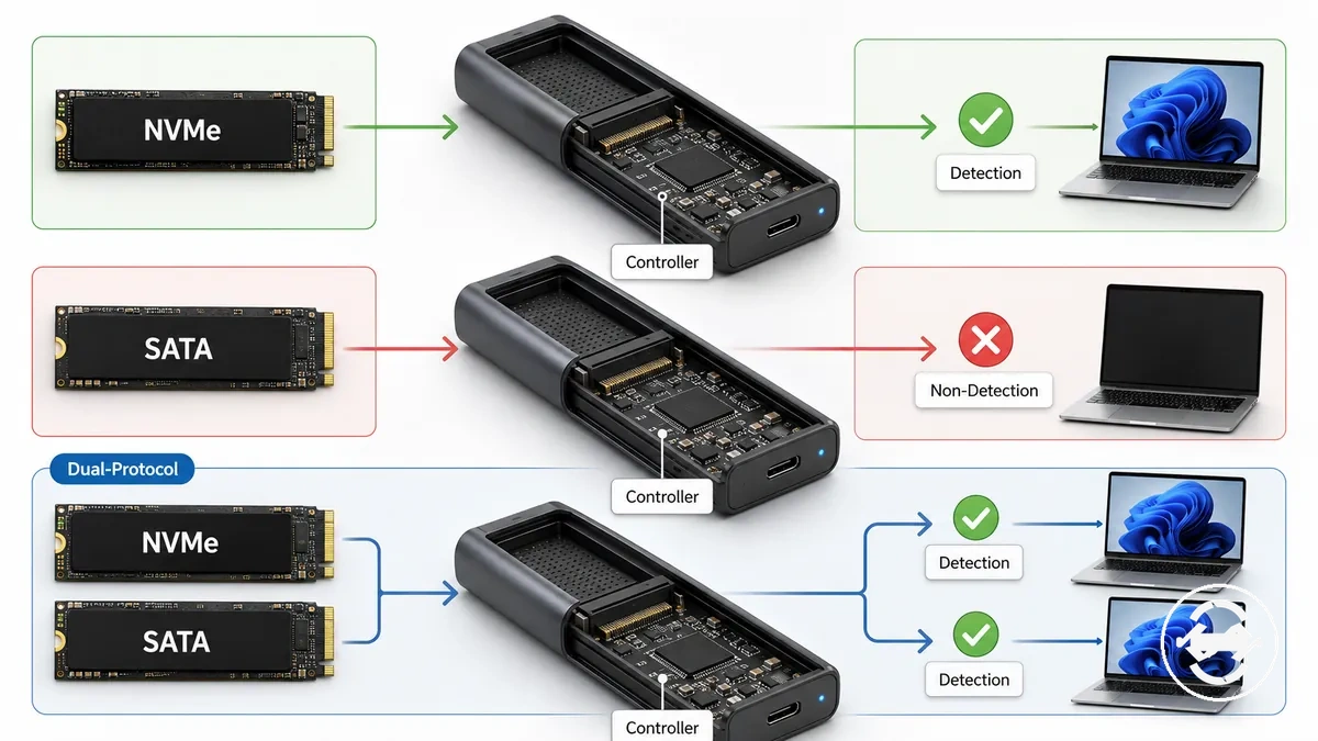Gráfico comparativo del soporte NVMe, SATA y de doble protocolo en carcasas para SSD M.2
