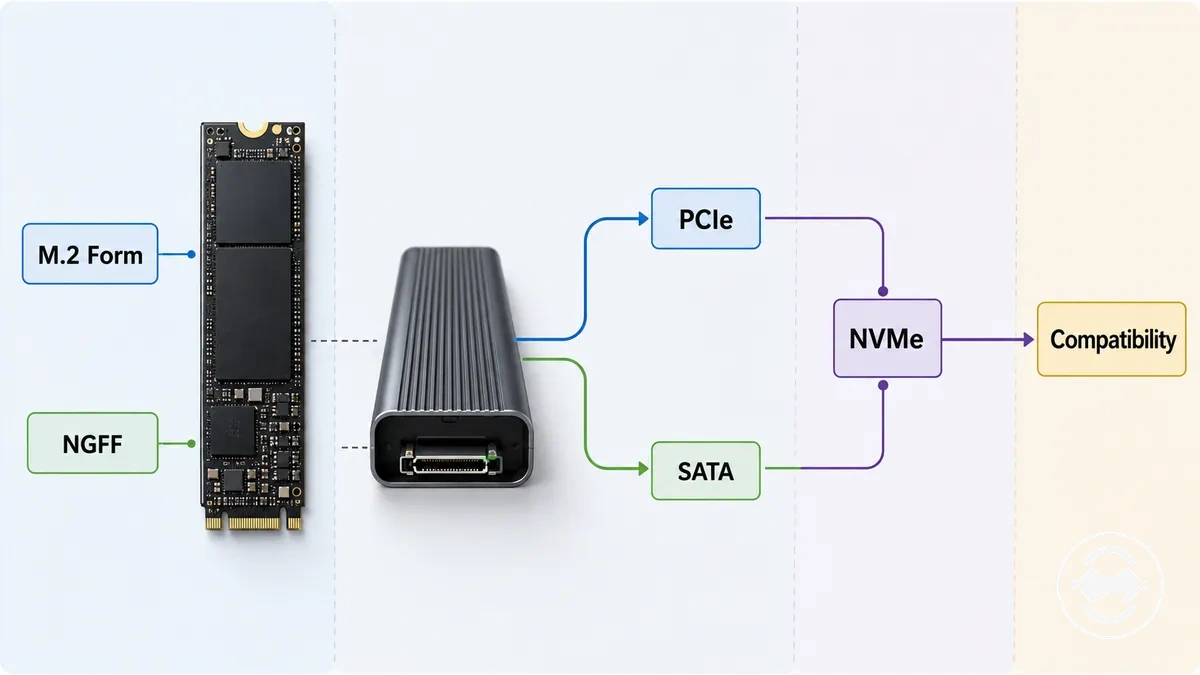 Términos de nomenclatura de carcasa para SSD M.2 que muestran factor de forma, protocolo y rutas de conexión