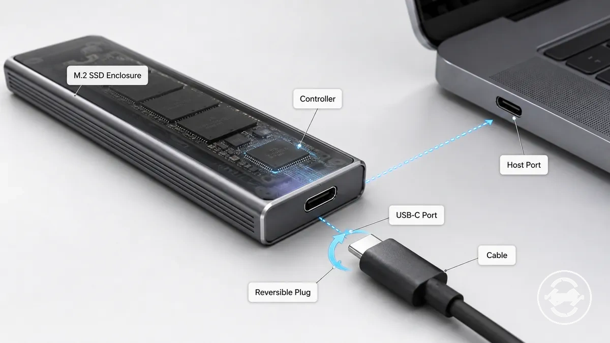Receptáculo USB-C en el cuerpo de una carcasa para SSD M.2 con el extremo del cable correspondiente