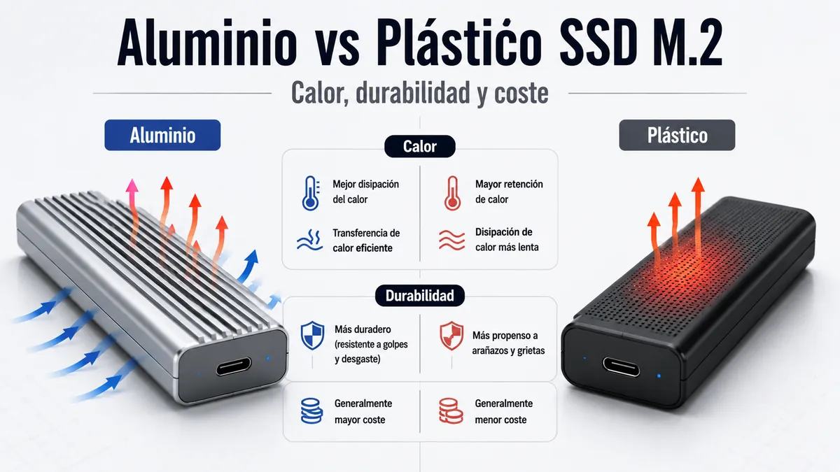 Carcasas para SSD M.2 de aluminio y plastico comparadas por disipacion de calor y durabilidad