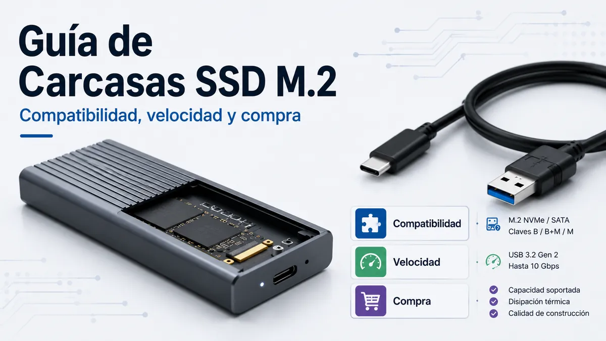 Carcasa para SSD M.2 con unidad interna, cable USB y etiquetas de compatibilidad