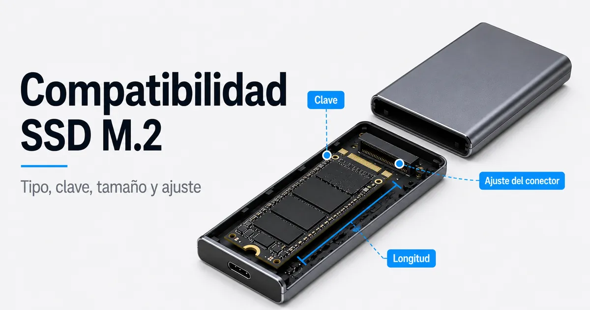 Vista de una carcasa para SSD M.2 con tipo de clave, longitud y ajuste del conector
