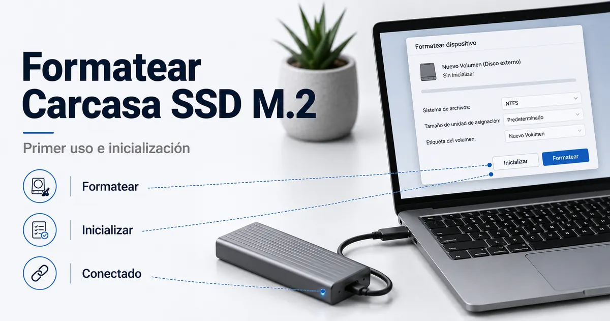 Carcasa para SSD M.2 conectada a un ordenador para formateo e inicialización inicial