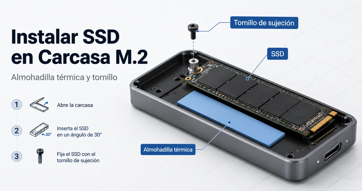 SSD instalándose en una carcasa para SSD M.2 con almohadilla térmica y tornillo de sujeción visibles
