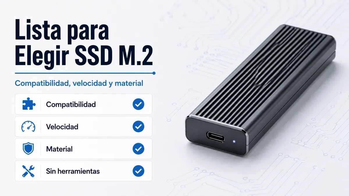 Lista para elegir una carcasa de SSD M.2 con pistas de compatibilidad, velocidad, material y diseño sin herramientas