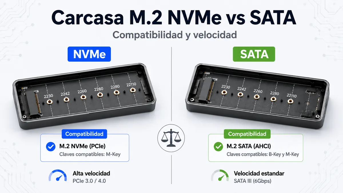 Comparación entre carcasas para SSD M.2 NVMe y SATA con etiquetas de compatibilidad distintas
