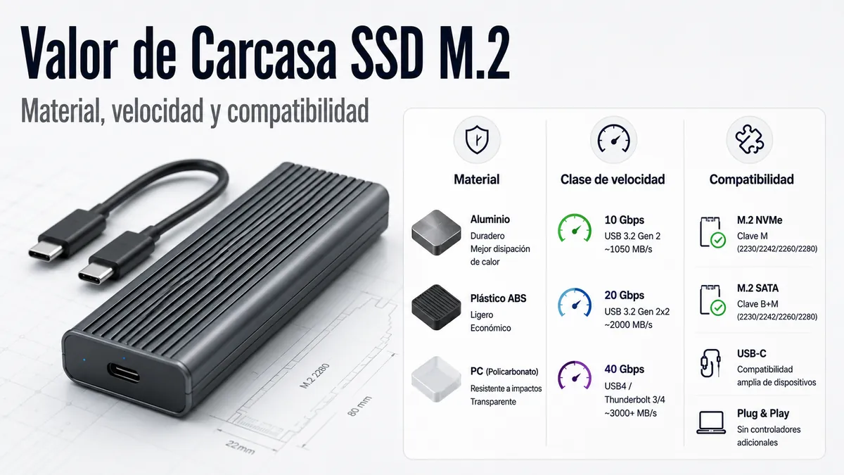 Comparación de valor de una carcasa para SSD M.2 con material, clase de velocidad y funciones de compatibilidad