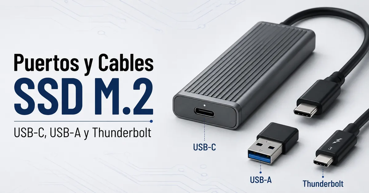 Carcasa para SSD M.2 con cable USB-C, adaptador USB-A y conexión tipo Thunderbolt