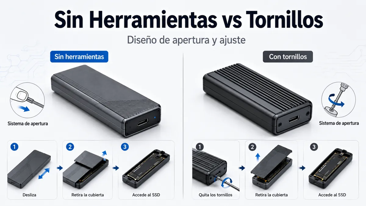 Carcasas para SSD M.2 sin herramientas y con tornillos mostradas con distintos sistemas de apertura