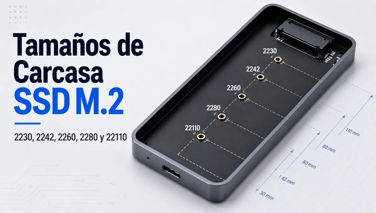 Bandeja de carcasa para SSD M.2 con posiciones marcadas para 2230, 2242, 2260, 2280 y 22110