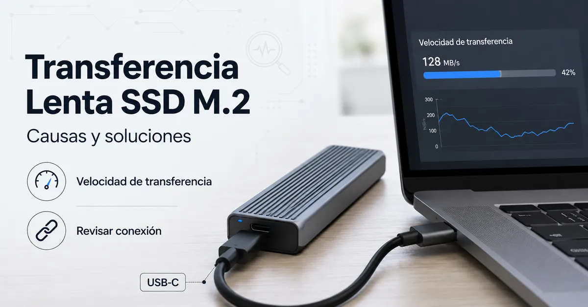 Carcasa para SSD M.2 conectada por USB-C durante la revisión de una transferencia lenta