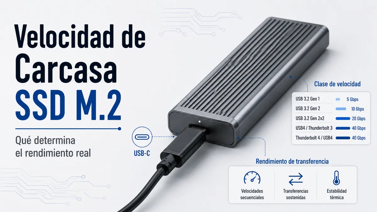 Carcasa para SSD M.2 conectada por USB-C con etiquetas de velocidad para rendimiento de transferencia