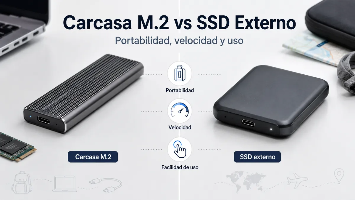 Carcasa para SSD M.2 y SSD externo comparados por portabilidad, velocidad y facilidad de uso