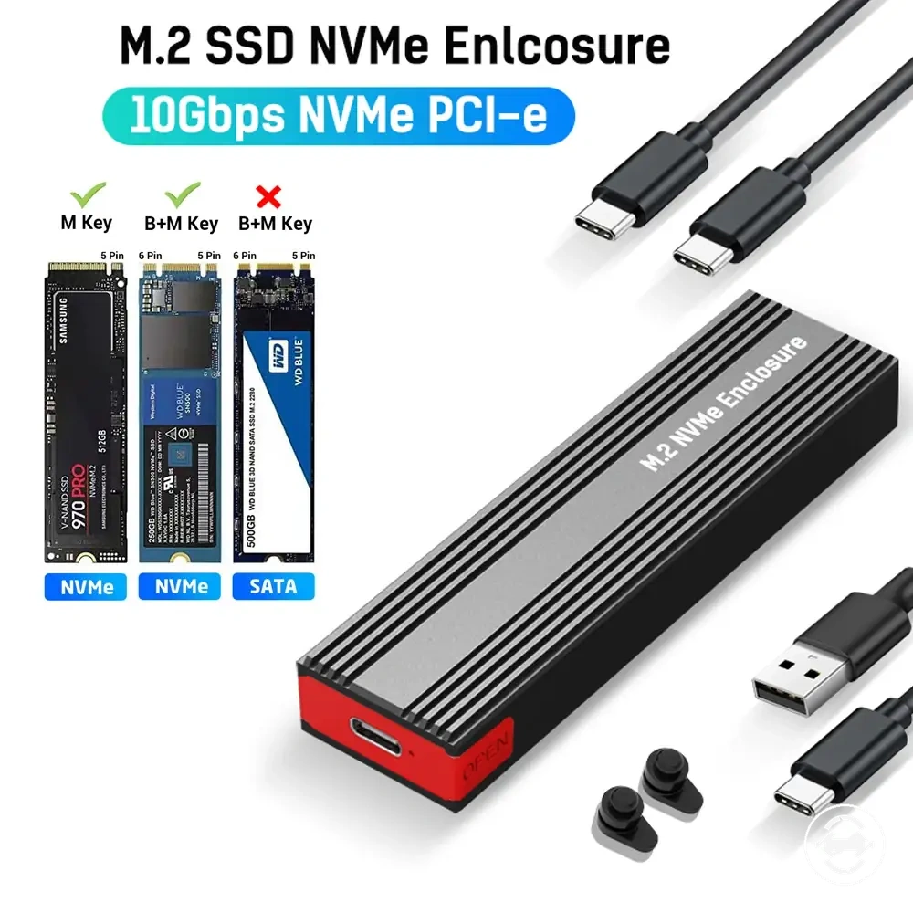 Boîtier SSD M.2 NVMe 10Gbps sans outil avec adaptateur USB-C 3.2 Gen 2 et pad dissipateur