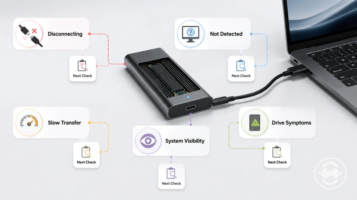Comparaison des symptômes de déconnexion, non détecté, transfert lent et panne du disque pour un boîtier SSD M.2