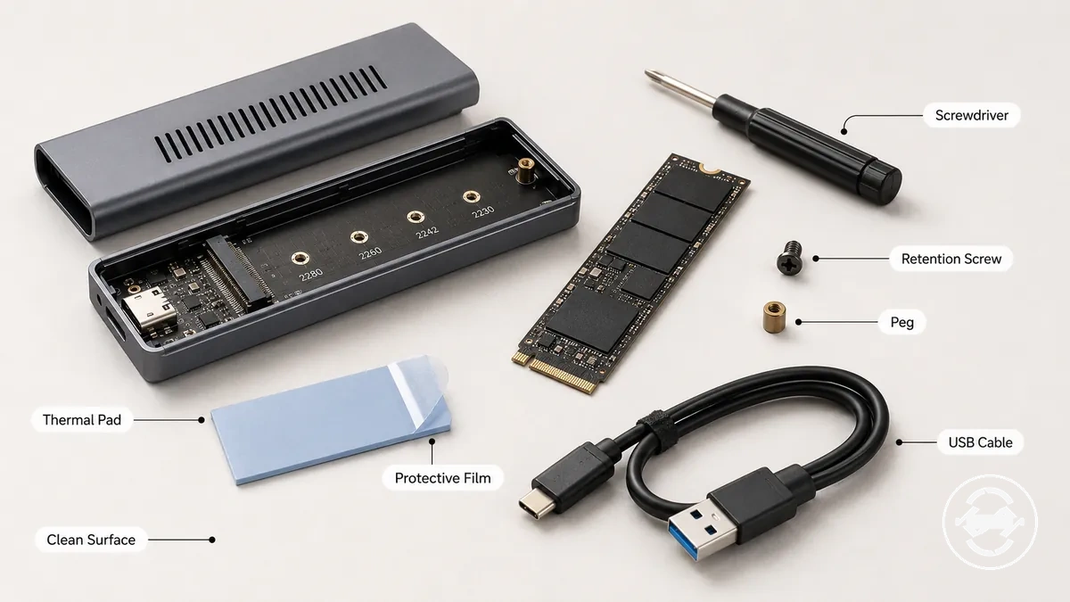 Outils et pièces nécessaires pour l'installation d'un SSD M.2 dans un boîtier