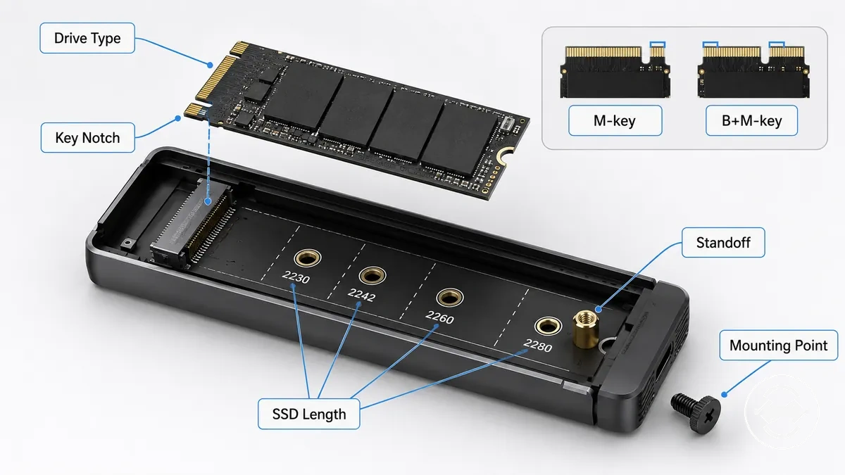 Compatibilité du type de disque, de la clé et de la taille dans un boîtier SSD M.2