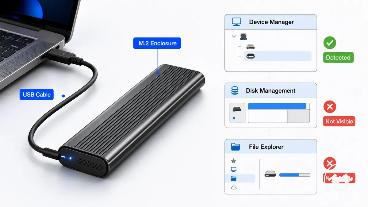 Schéma annoté montrant un disque visible dans la Gestion des disques mais absent de l Explorateur de fichiers