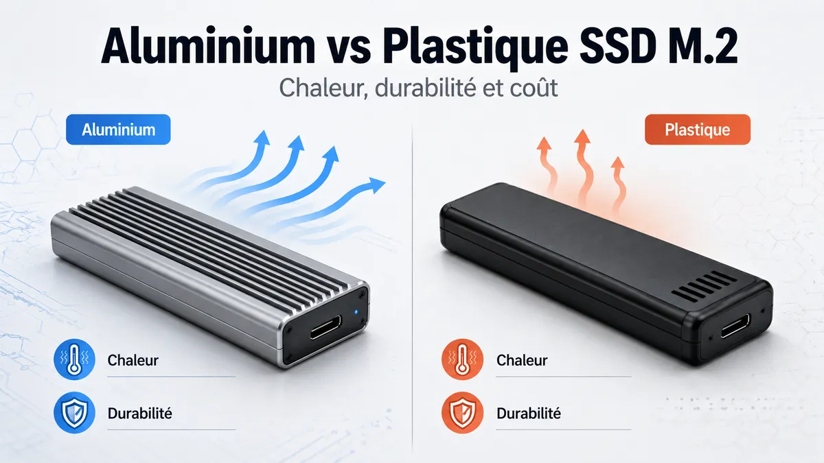 Boîtiers SSD M.2 en aluminium et en plastique comparés selon la dissipation thermique et la durabilité