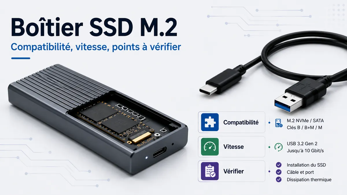Boîtier SSD M.2 avec SSD interne, câble USB et étiquettes de compatibilité