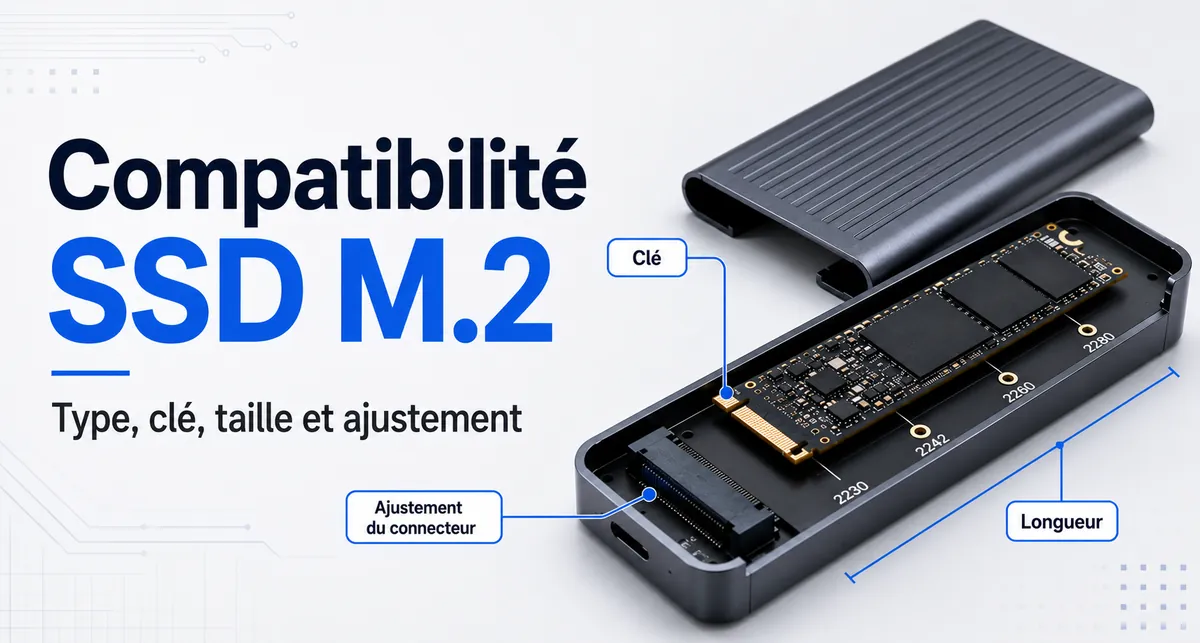 Vue de compatibilité d’un boîtier SSD M.2 avec type de clé SSD, longueur et ajustement du connecteur