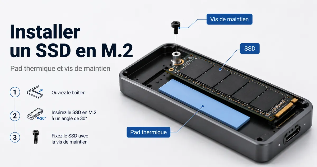 SSD en cours d’installation dans un boîtier SSD M.2 avec pad thermique et vis de maintien visibles