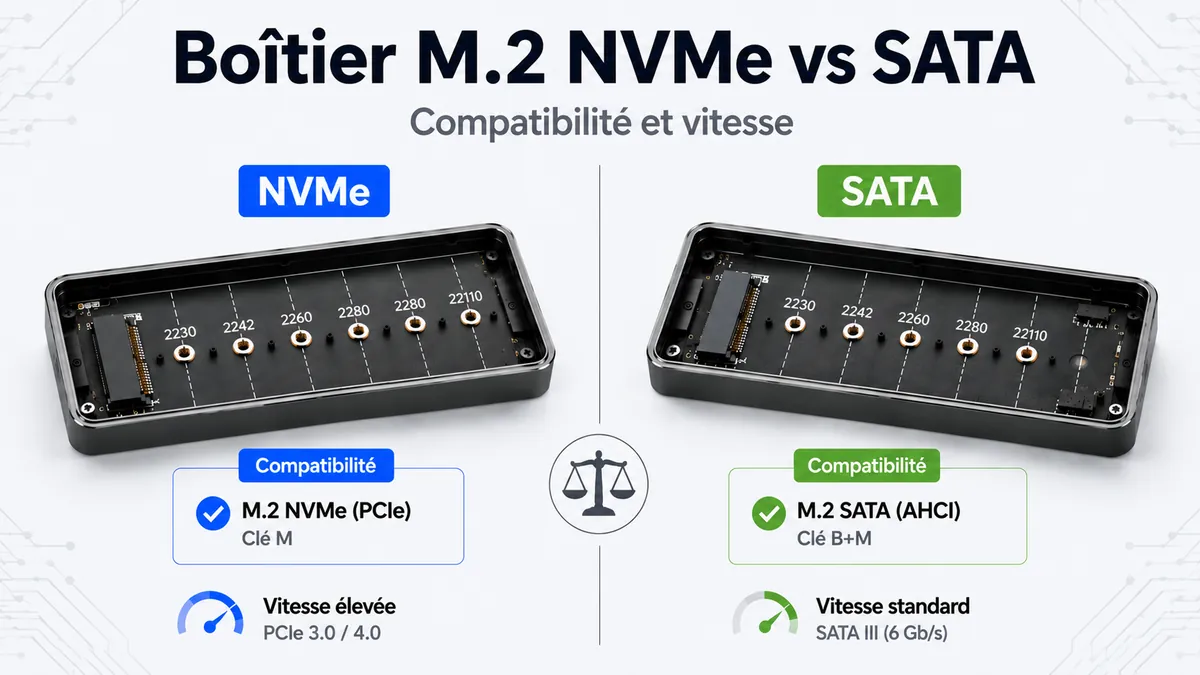 Comparaison de boîtiers SSD M.2 NVMe et SATA avec étiquettes de compatibilité différentes