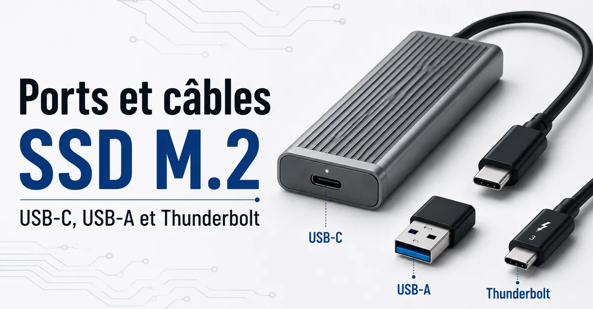 Boîtier SSD M.2 avec câble USB-C, adaptateur USB-A et connexion de type Thunderbolt