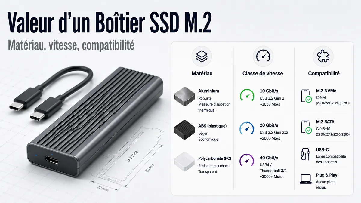Comparaison de valeur d’un boîtier SSD M.2 selon le matériau, la classe de vitesse et les critères de compatibilité