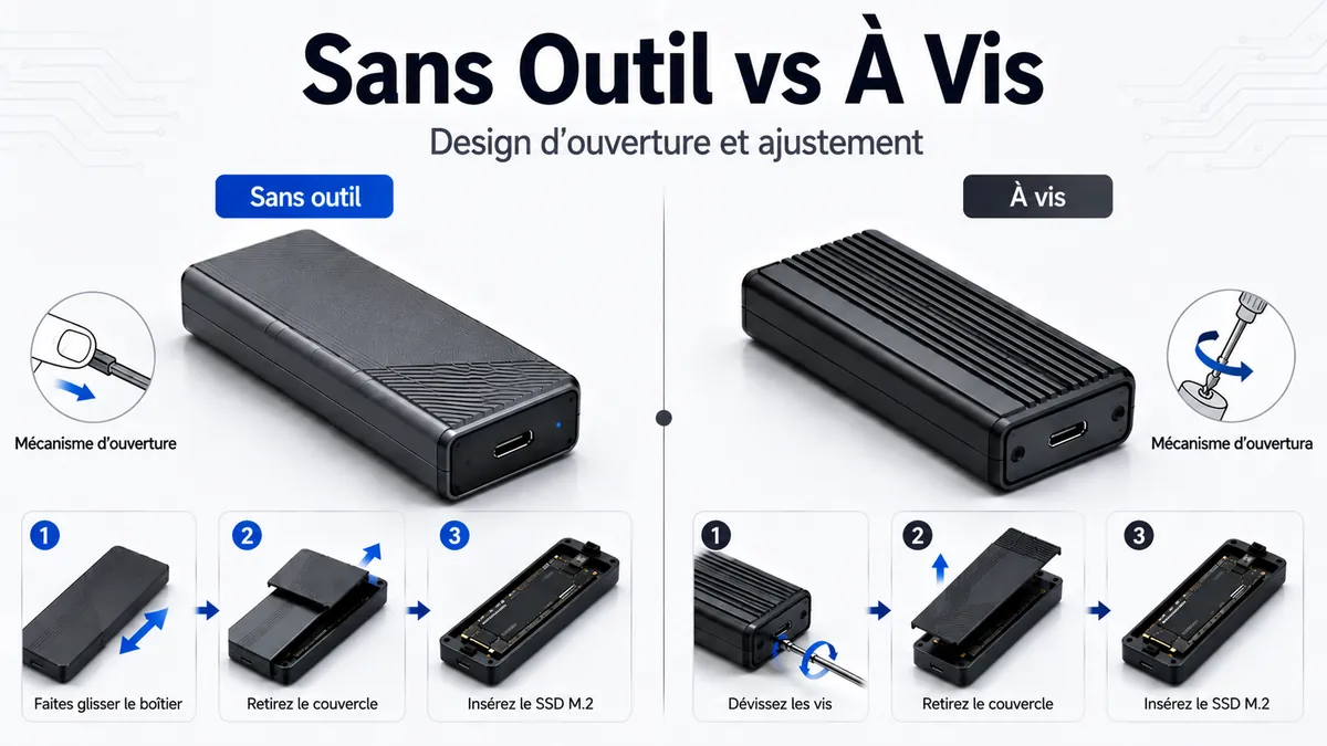 Boîtiers SSD M.2 sans outil et à vis avec différents mécanismes d’ouverture