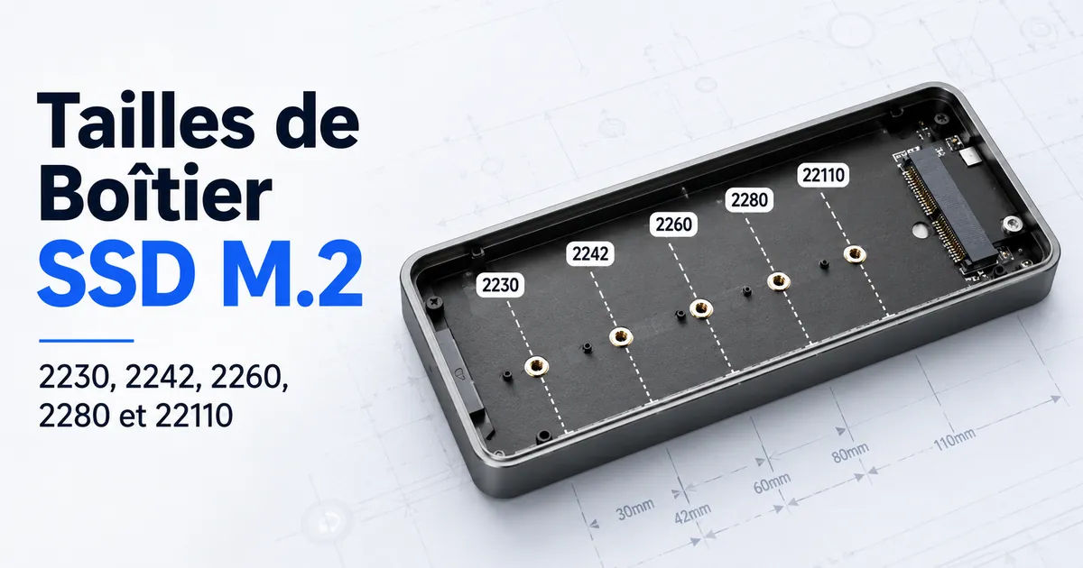 Plateau de boîtier SSD M.2 avec positions de montage marquées pour 2230, 2242, 2260, 2280 et 22110