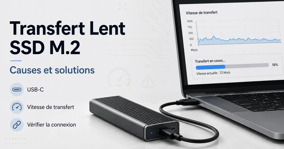 Boîtier SSD M.2 connecté en USB-C pendant la vérification des causes d’un transfert lent
