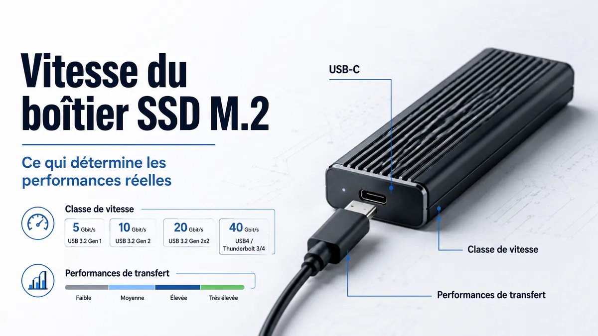 Boîtier SSD M.2 connecté en USB-C avec étiquettes de classe de vitesse pour les performances de transfert