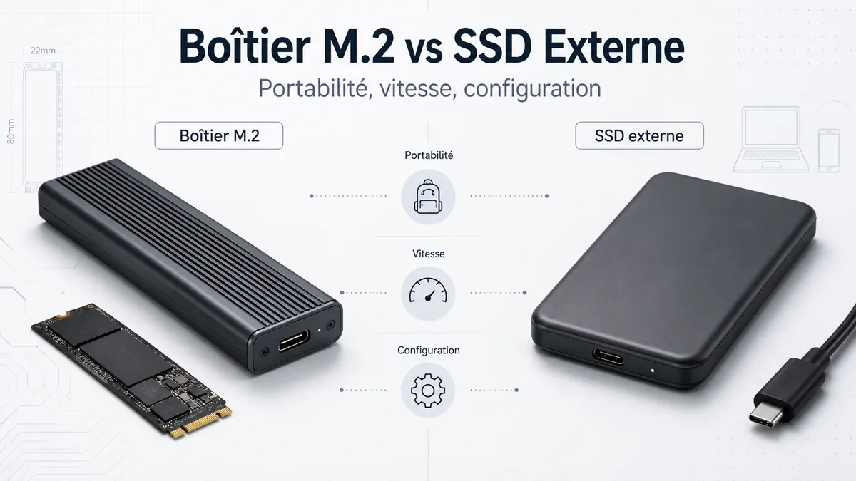 Boîtier SSD M.2 et SSD externe comparés selon la portabilité, la vitesse et l’effort de configuration