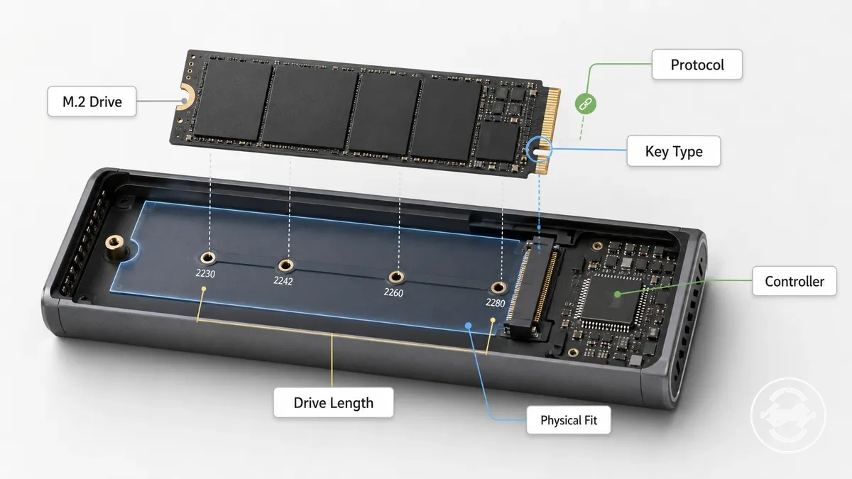 Diagrama de compatibilidade de case para SSD M.2 mostrando protocolo da unidade, tipo de chave, comprimento e condições de encaixe do case