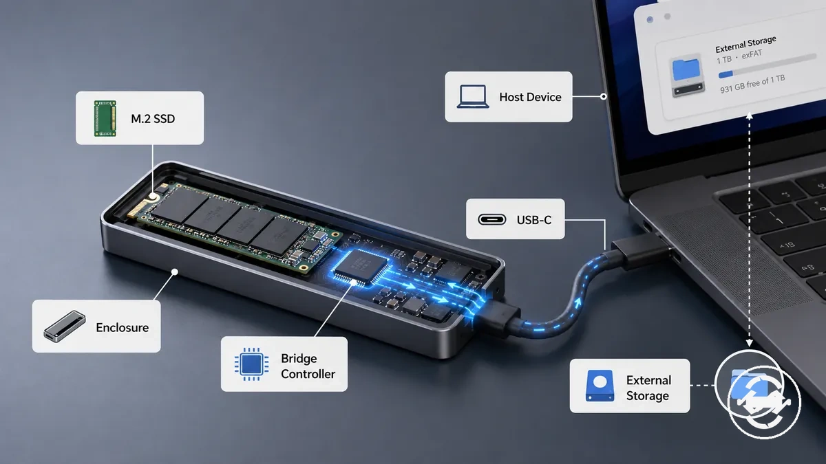 Case para SSD M.2 conectado como armazenamento externo, com unidade, cabo e dispositivo host identificados