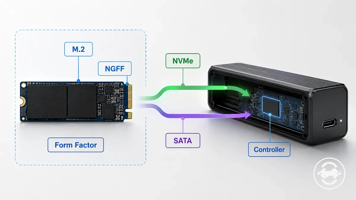 Ilustração dos limites de nomenclatura de case para SSD M.2 mostrando rótulos de fator de forma e suporte de protocolo