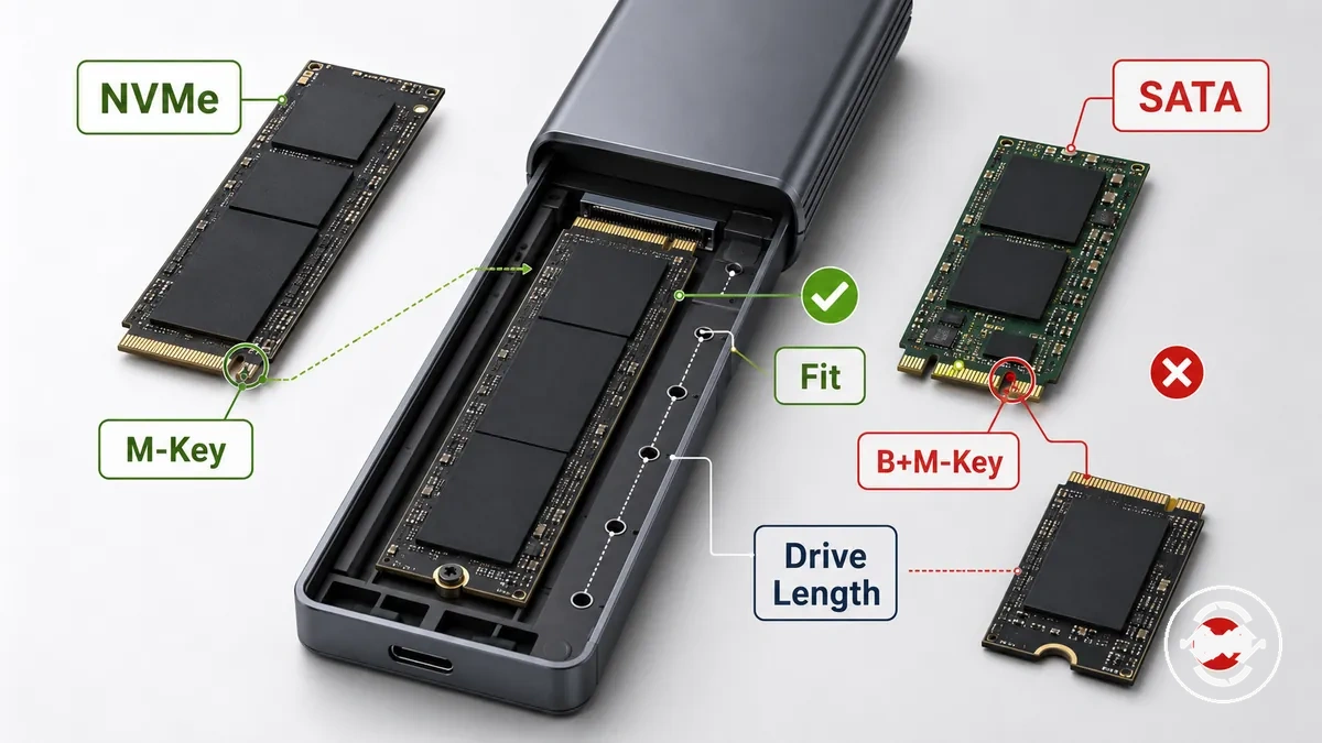 Case para SSD M.2 mostrando verificações de NVMe, SATA, tipo de chave e comprimento de drive compatível