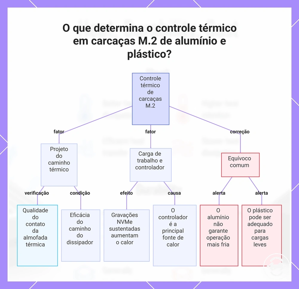 O que determina o controle térmico em carcaças M.2 de alumínio e plástico?