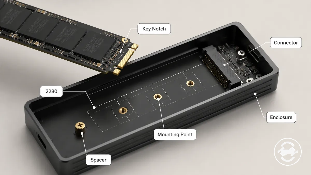 Tipo de chave, encaixe do conector e posições de comprimento M.2 compatíveis anotados dentro de um case para SSD