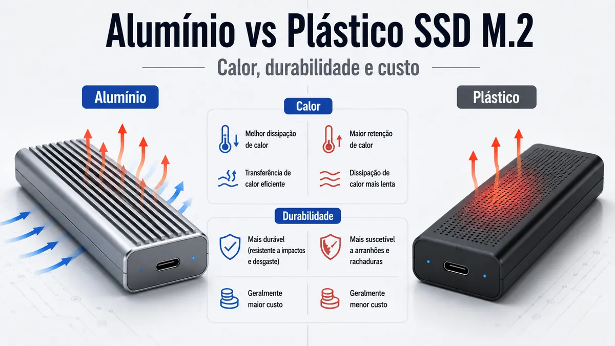 Cases para SSD M.2 de alumínio e plástico comparados por dissipação de calor e durabilidade