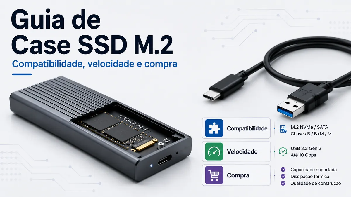 Case para SSD M.2 com SSD interno, cabo USB e etiquetas de compatibilidade