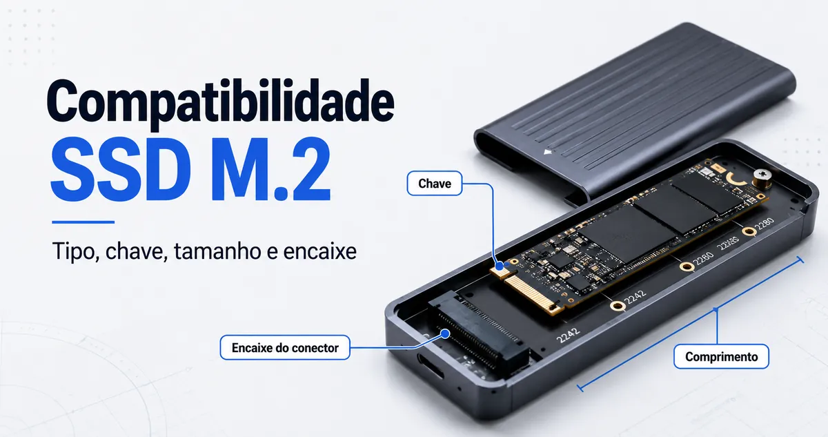 Vista de um case para SSD M.2 mostrando tipo de chave, comprimento e encaixe do conector